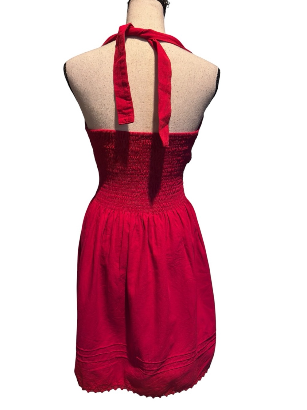 Mexican Boho Embroidered Red Dress Small Floral Embroidery Pinup Retro Dress - Picture 4 of 7